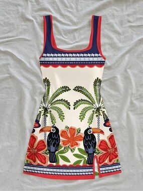 Tropical Toucan & Hibiscus Print Mini Dress